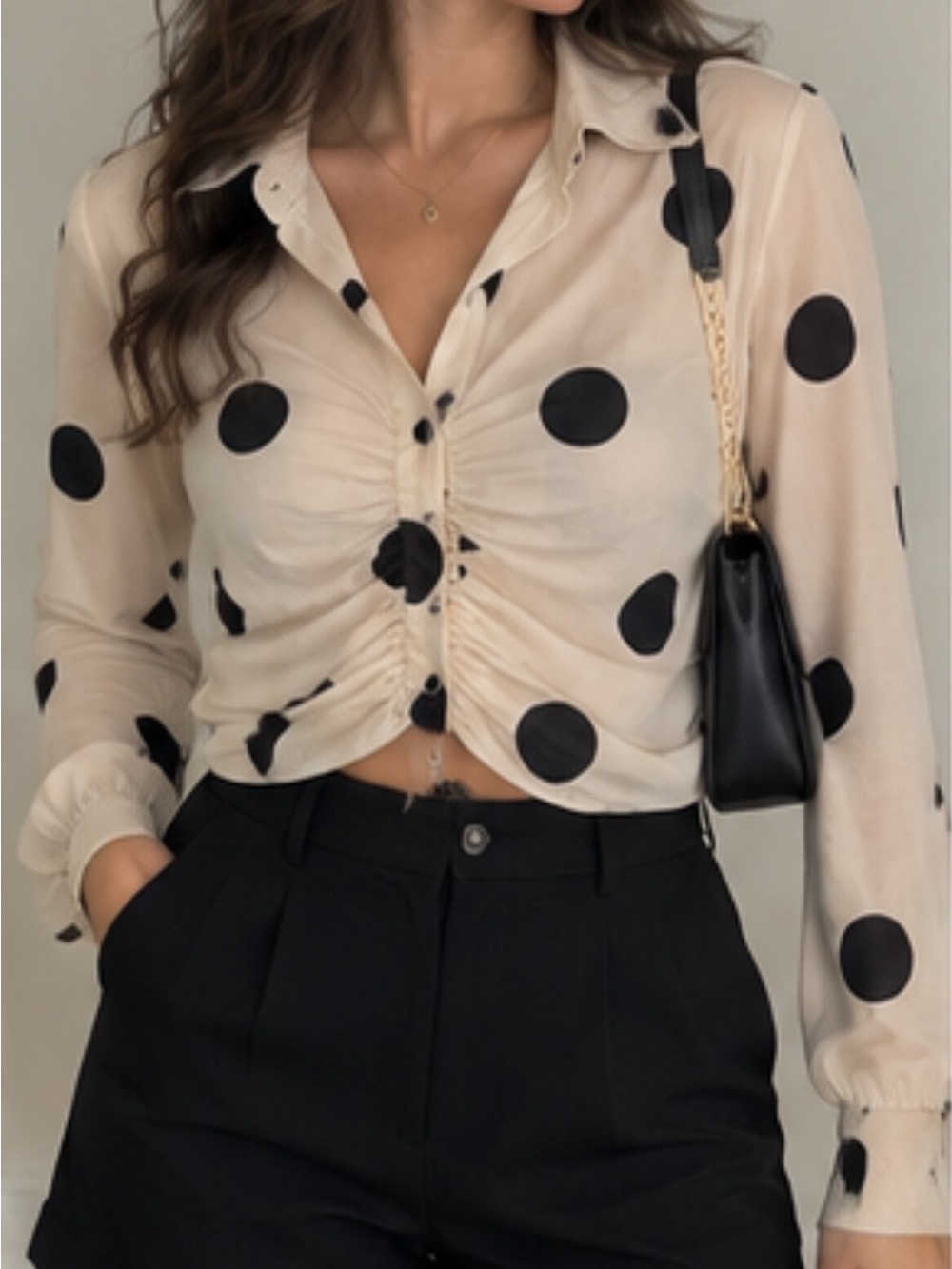 H&M Cream Button-Front Polka Dot Blouse with Ruched Front